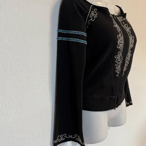 Bebe Sport Black Top SZ Medium Embellished Zip-Up Cold Shoulder Athleisure - Picture 8 of 9